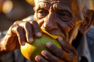 sucking a mango