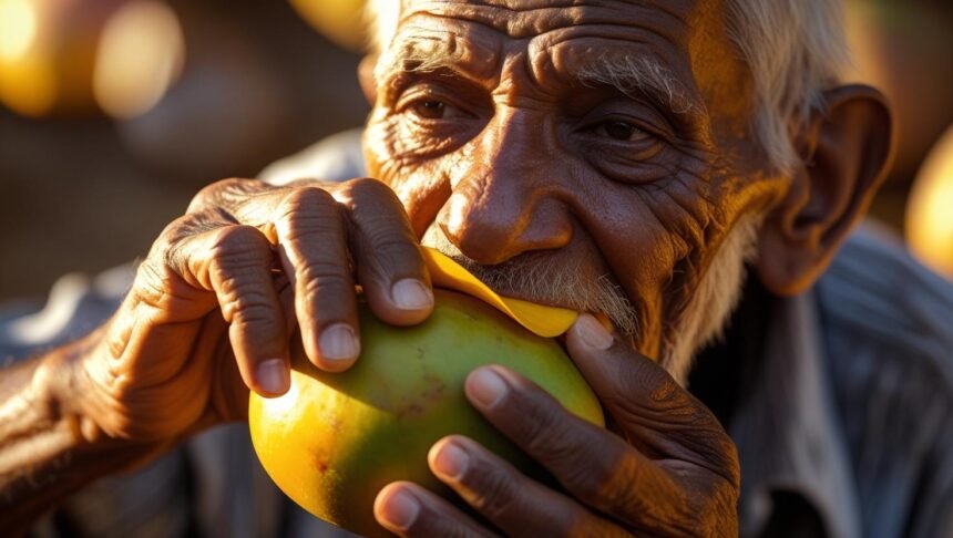 sucking a mango